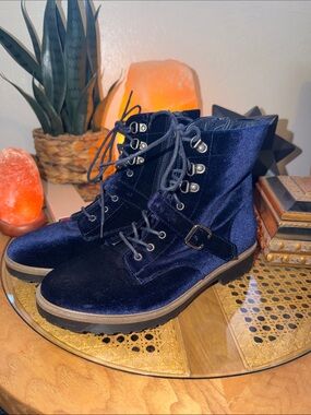 XOXO Navy Velvet Lace-Up Combat Boots